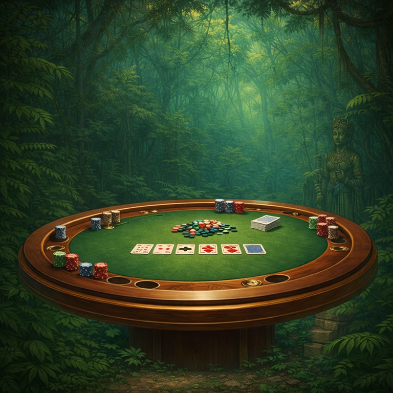 Sankra Casino secure payment experience illustrated with poker table and chips in jungle setting